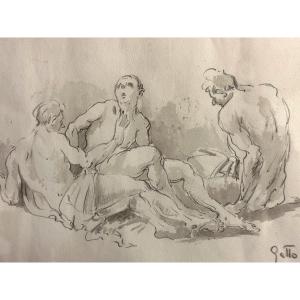 Saverio GATTO 1877-1959 Trois Hommes conversant Dessin aquarellé /2