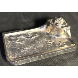 Complete Art Nouveau Inkwell 1900 In Silver Metal With Japanese Decor Of Water Lilies And Carp Fish