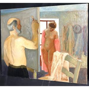 Raphael ALONSO FERNANDEZ 1924-1994 Grande huile Le peintre et son modèle /5