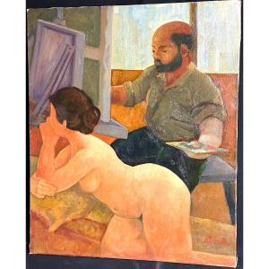 Raphaël ALONSO FERNANDEZ 1924-1994 Grande huile Le peintre et son modèle /7