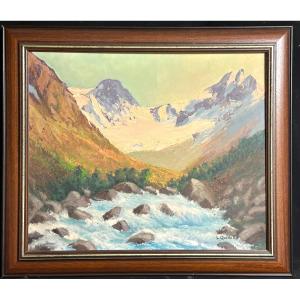 Lucien Quenard 1902-1995 Oil Massif Des Ecrins Pic Lettret Bec Du Canard Lavey Alps Mountain