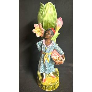 19th Century Majolica Vase Young Nubian Carrying A Basket Orientalist 