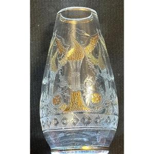 Baccarat Rare Engraved And Gilded Crystal Swan Vase Signed Cygne
