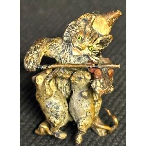 RARE Bronze de Vienne Chat violoniste et souris dansant Musique Violon musicien