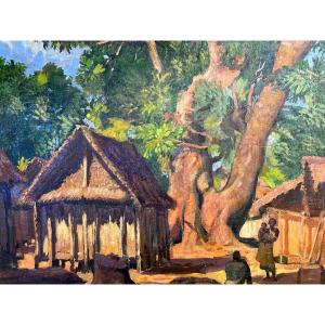 Paul BLEGER Suisse 1889-1981 Huile Village animé à Madagascar peintre voyageur RARE