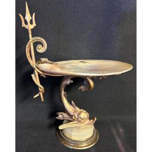 Rare Empty Pocket / Card Holder 19th Century In Mother-of-pearl Bronze And Onyx Dolphin With Trident And Dragonfly