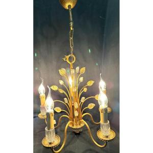 Maison Baguès Chandelier With 5 Lights In Golden Metal And Leaves In Glass Cabochons 1950