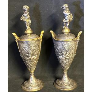 Pair Of 19th Century Covered Pots In Bronze, Silver And Gold Urns Cassolettes Barbedienne In The Taste