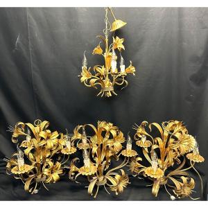 Rare Suite Of 4 Corn Ear Chandeliers Maison Masca Golden Metal 1960 In Very Good Condition Gerbe Chandelier