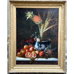 H. Baudon 19th Century Large Oil Composition With Pineapple And Exotic Fruits