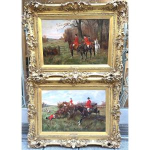 Georges Derville Rowlandson 1861-1928 Large Pair Oils Riders Hunting Horse Riding England