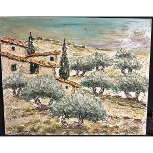 Grande huile Provence signée Paysage Provençal aux oliviers 