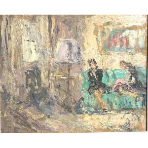 Paulette Genet 1892-1983 Double-sided Oil Animated Interior Scene Lyon /9