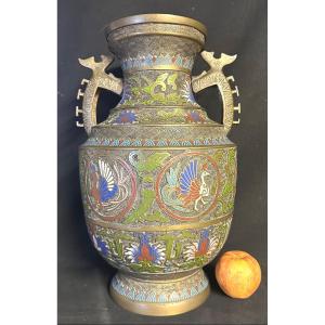 CHINE Grand vase cloisonné en bronze fin XIXe Décor oiseaux et fleurs 