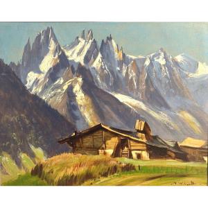 Marcel WIBAULT 1904-1998 Huile Aiguilles de Chamonix Le Mont Blanc Alpes Montagne