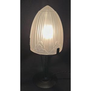 Art Deco Table Lamp Signed Sonover In Wrought Iron And Pressed Glass 1930