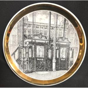 Piero Fornasetti 2913-1988 Gli Ascensori Porcelain Plate With Gold Rim Elevator 