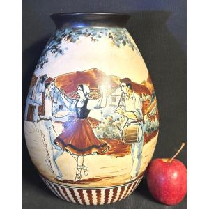 Rodolphe  Fischer In Ciboure Large Stoneware Vase With Rotating Decor Of Dancers And Musician Basque Country