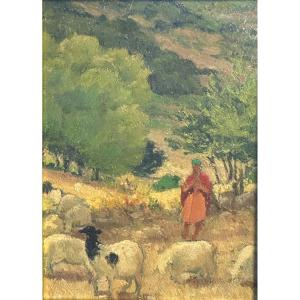 Paul Guion Algeria 1881-1972 Orientalist Oil Young Shepherd In Aïn 'n Sour North Africa /2