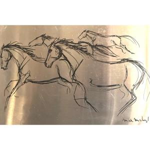 Mick Micheyl 1922-2019 Horse Racing Polished Steel Plate Silkscreen Signed 