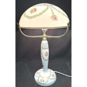 Important Lamp 47 Cm Around 1910 In Opaline In The Taste Of Desvres Fourmaintraux In Tbe 