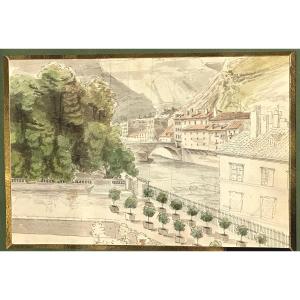 Claude Honoré BACHE 1801-1872 Aquarelle Grenoble Jardin de Ville en 1839 Isère Dauphiné /2