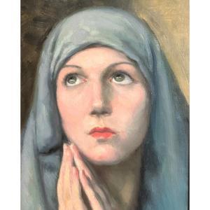 Madeleine PLANTEY 1890-1985 Huile Portrait de jeune femme virginale 1935 vierge Lyon