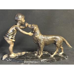 Pierre Sega Charming Art Deco Statue Little Girl With Dog Signed 1930 