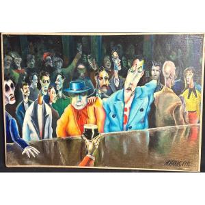 Axel J. ROTHOUX Huile Expressionniste scene de bar Artiste Franco Irlandais pub irlande