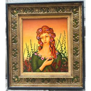 R.g. Marchal Important Oil XXth Young Woman With Flowers In Frame Signed A. Goude Paris