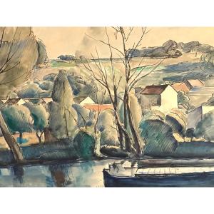 Clément Serveau Large Art Deco Watercolor 1935 Landscape Canal And Barge Clement-serveau Cubist