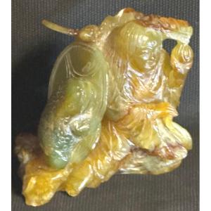 Chine Sculpture En Jade Début XXe Sage Carpe Et Chauve Souris 