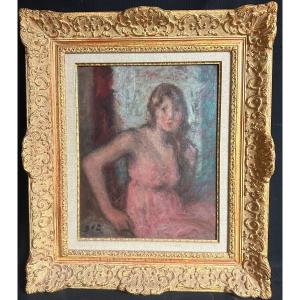 Georges D’ESPAGNAT 1870-1950 Huile Jeune femme à la robe rose vers 1930