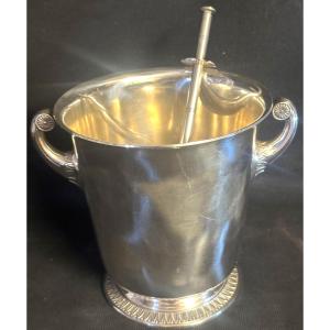 Ravinet d'Enfert Elegant Ice Cube Bucket + Tongs In Very Good Condition Silver Metal Signed