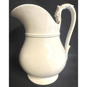 19th Century White Pitcher Creil Montereau Attributed In Opaque Earthenware 