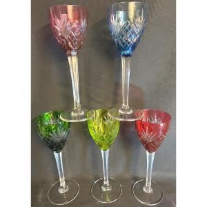 Saint Louis 5 Roemer Wine Glasses Chantilly Model Signed St Louis France In Very Good Condition 