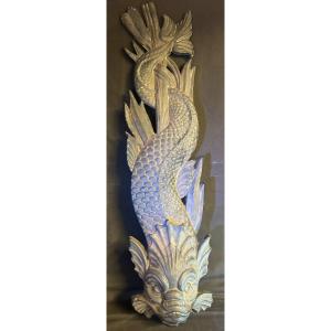 Dauphin XIXe en applique pour fontaine ou bassin en bas relief 90cm