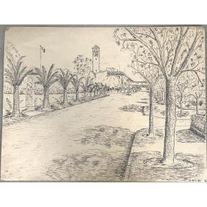 Charles de ZIEGLER 1890-1962 Suisse encre orientaliste Maroc 1937 Paysage urbain signé