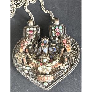 Ghau Tibet Nepal Silver Necklace Pendant Coral Turquoise Lapis Lazuli 19th Century Lapis Lazuli