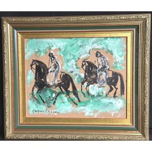 Hassan El Glaoui 1923-2018 Morocco Fantasia 2 Riders Gouache Moroccan Artist /1 Green