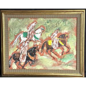 Hassan El Glaoui 1923-2018 Morocco Fantasia 3 Riders Gouache Moroccan Artist /2 Red