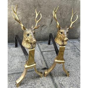 Grande paire de chenets en bronze et yeux en verre 1950 Rare chasse cheminée 