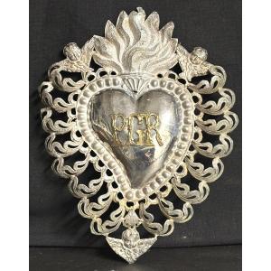 Large Ex Voto Heart And Angels 22.5cm In Unhallmarked Silver Love