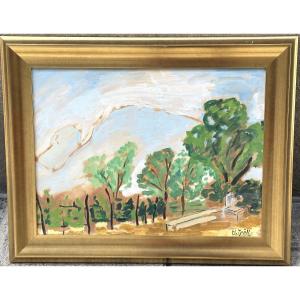 Henriette GROLL 1906-1996 huile Paysage à la fontaine Signé Sassenage Grenoble