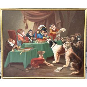 Large 19th Century Oil Painting Monkeys Distributing Prizes To Dogs Signed Dated 1899 Crown /1