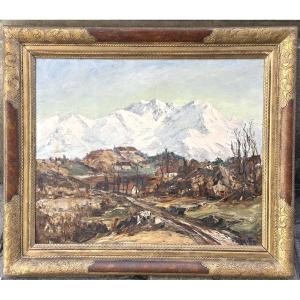 Francis CARIFFA 1890-1975 Grande huile Mont Granier et Alpes enneigées 1938 Savoie