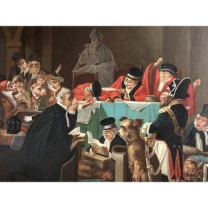 Grande huile XIXe Singerie Chien devant un tribunal de singes 1899 /2