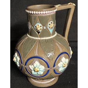 Sarreguemines Rare 19th Century Pitcher In Polychrome Enamelled Stoneware
