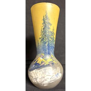 Rare Legras Bobsleigh Vase Signed In Enameled Glass Snow Sled Mountain Alps /1