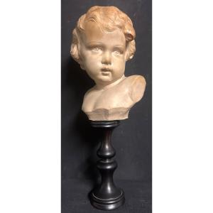 Buste d’enfant signé GOBET en terre cuite soclé vers 1900 en très bon état 31cm